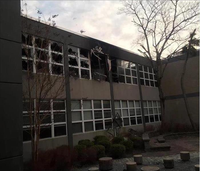 Fire damage to exterior and interior of school